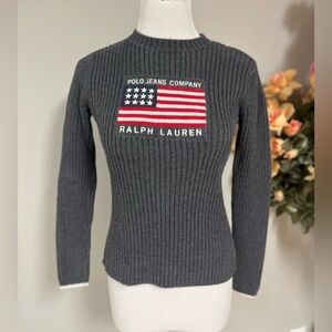 Ralph Lauren Charcoal Ribbed Sweater with Flag